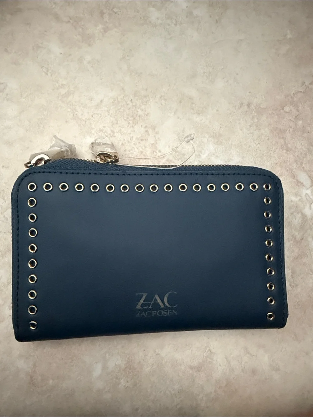 Zac Posen Navy Zip Wallet with Eyelet Trim